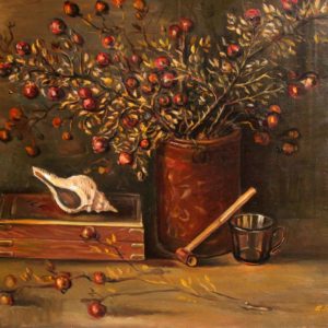 Still life with a smoking pipe and a rose hip branch. 2004, oil on canvas, 56x71