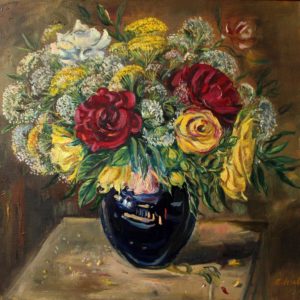A bunch of flowers in a blue vase. 2015, oil on canvas, 55.5x60
