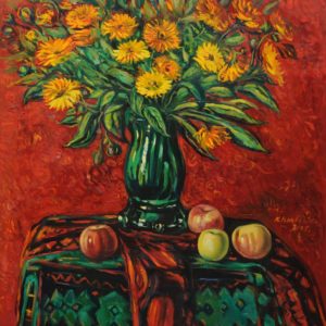 Fruit & Flowers on the Red Background․ 2005, Oil on Canvas, 80x75 cm (Private Collection, Yerevan)