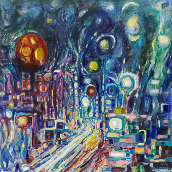 Street, Night. 2019, Acrylic on Canvas, 100×100 cm (Yerevan State University collection)