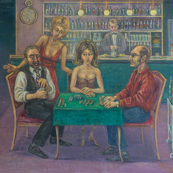 Poker in a café in Paris. 2015, oil on canvas, 50x61